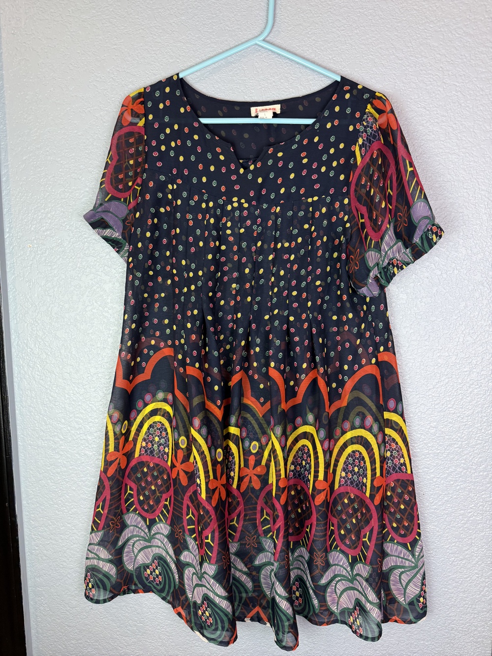 Lucca Dress Womens Large Multicolor Short Sleeve Boho Floral Tunic Top Festival